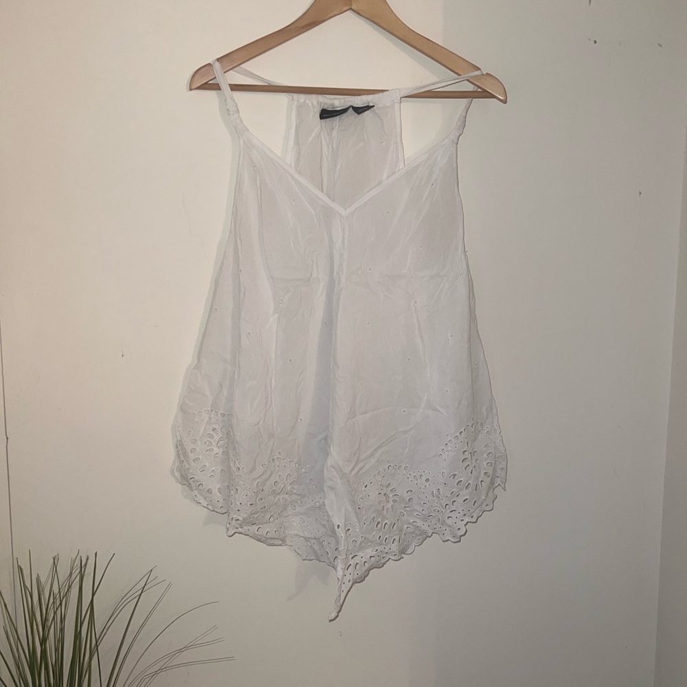 DKNY White Eyelet V-Neck Tank with Scalloped Hem